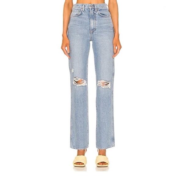 NWOT GRLFRND Jean 25 Blue”Sara”Super-High-Rise Slim-Straight Distressed Revolve - Picture 1 of 14